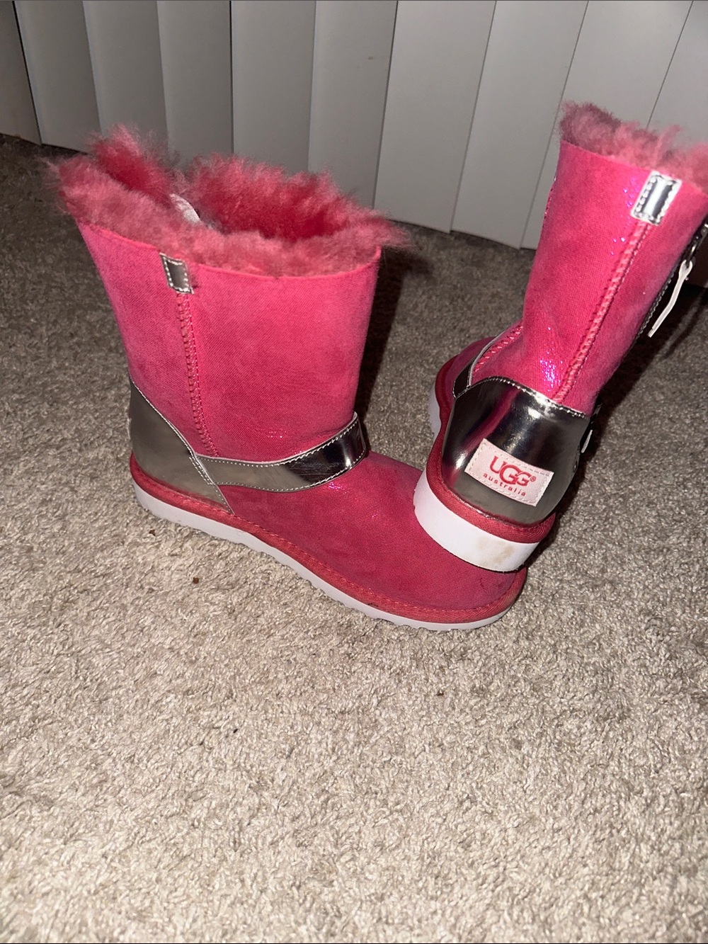 UGG Women's Hot Pink Suede Shearling Mid-Calf Boots with Metallic Accent